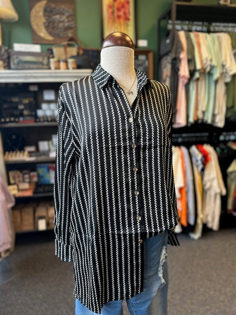 Women's Long Sleeves Vertical Stripe Button Down Top