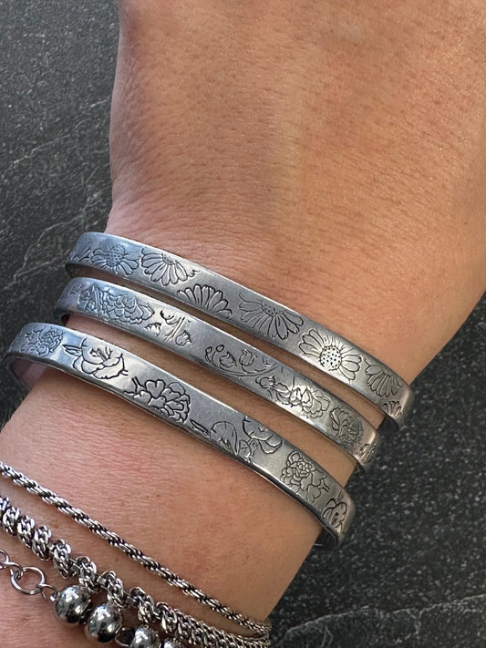 Custom Birth Flower Metal Cuff Bracelet