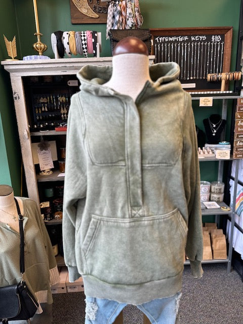 Olive Acid Wash Fleece Oversized 1/4 Zip Kangaroo Pocket Hoodie