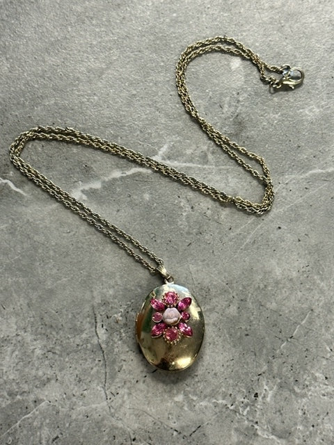 Vintage Pink Jeweled Oval Locket and Chain