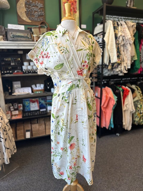 Cream Floral Print Button Down Midi Dress