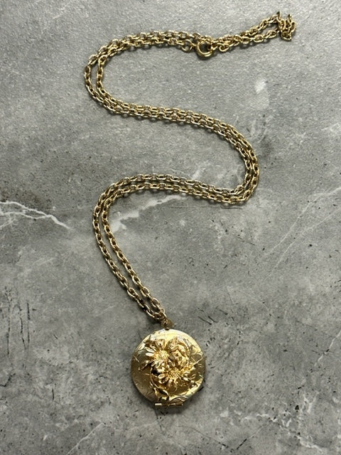 Vintage Round Sunflower Locket and Chain