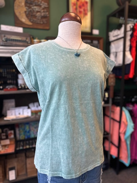 Green Washed Cuff Sleeve Top