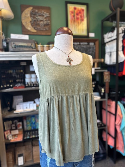 Olive Mineral Washed Sleeveless Ribbed Tank Top