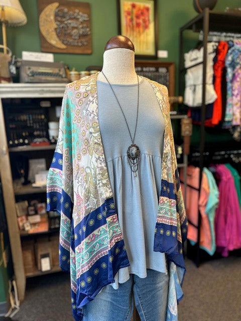 Navy Mixed Print Open Front Kimono