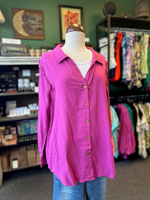 Magenta Linen Collared Button Down Tunic Top