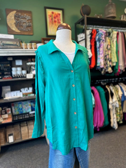 Emerald Green Linen Collared Button Down Tunic Top