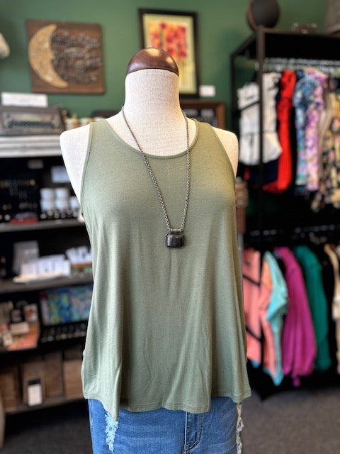 Light Olive Flowy Hem Sleeveless Tank Top