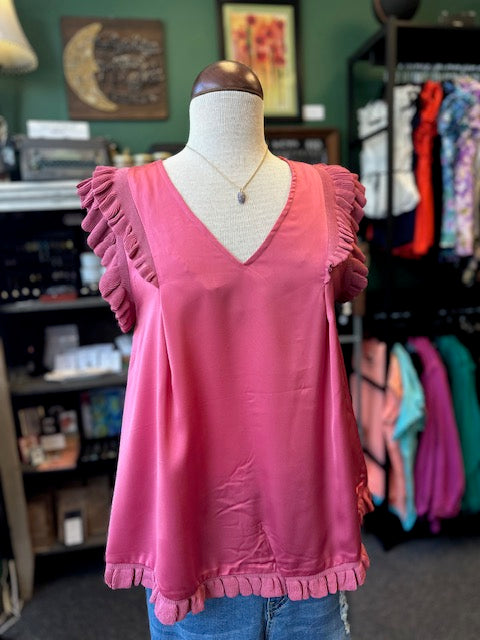 Sale - Berry Mixed Media Top & Double Ruffle Layered Sleeves