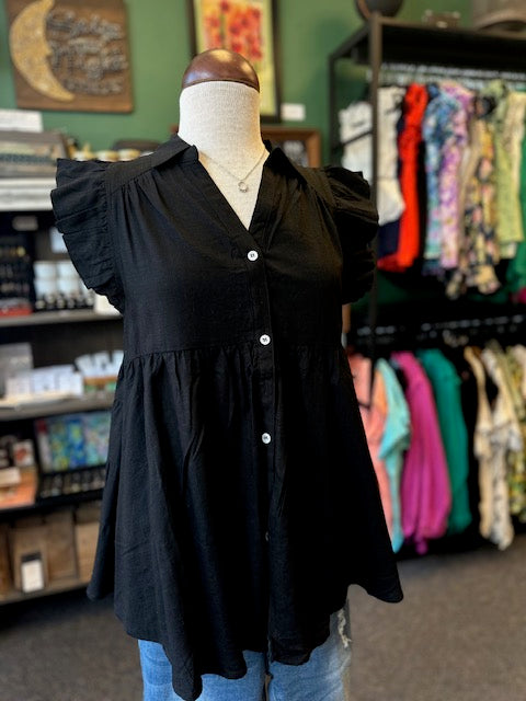 Sale - Black Collared Button Down Linen Tunic Top