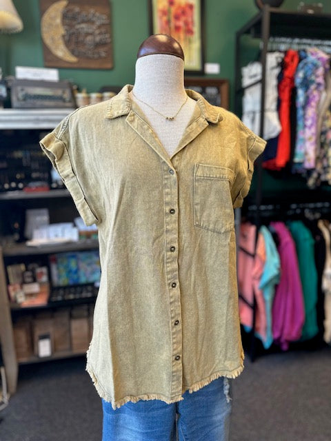 Light Olive Denim Button Up Top