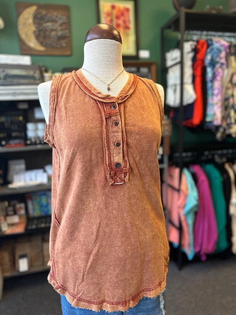 Rust Washed Half-Button Henley Tank Top