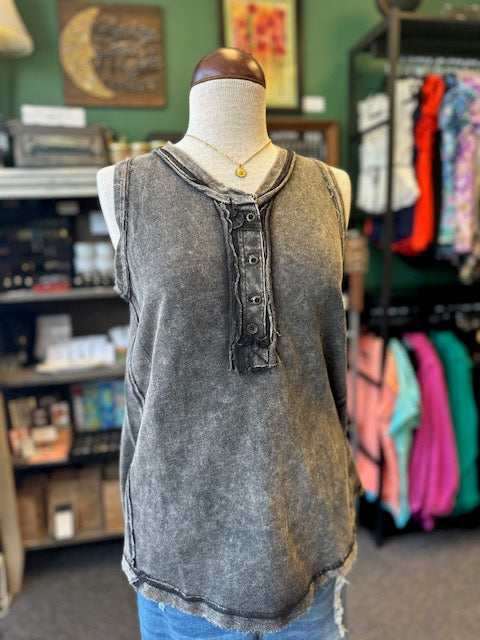 Ash Black Washed Half-Button Henley Tank Top