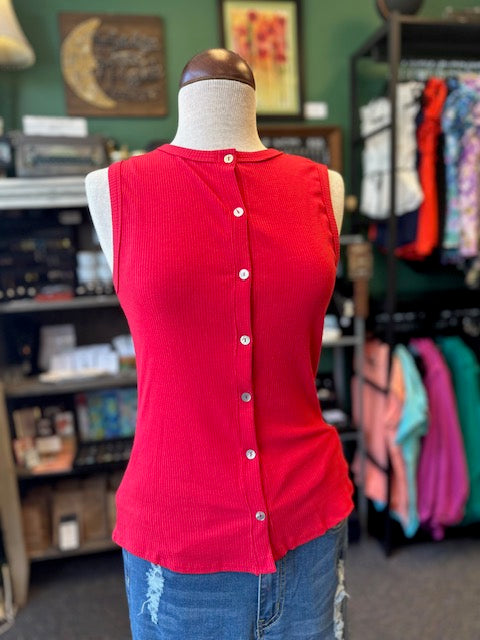 Red Women's Sleeveless Button Front Ribbed Tank Top