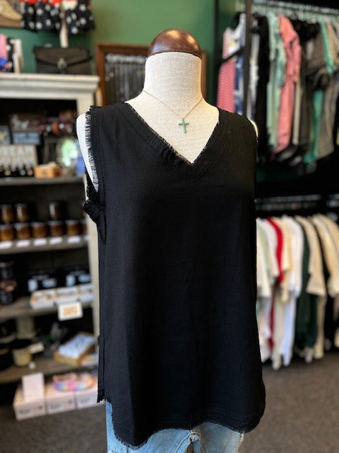 Black Linen V Neck Tank Top