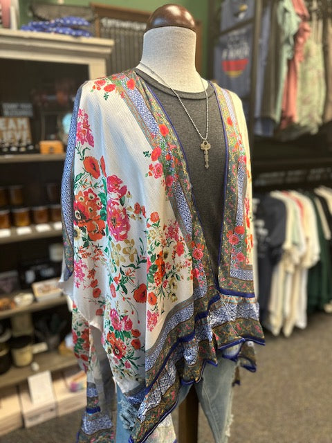 Cream Mix Floral Open Front Kimono