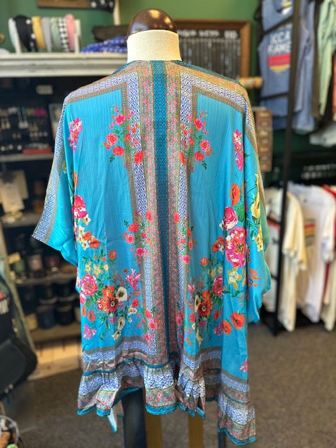 Cyan Mix Floral Open Front Kimono