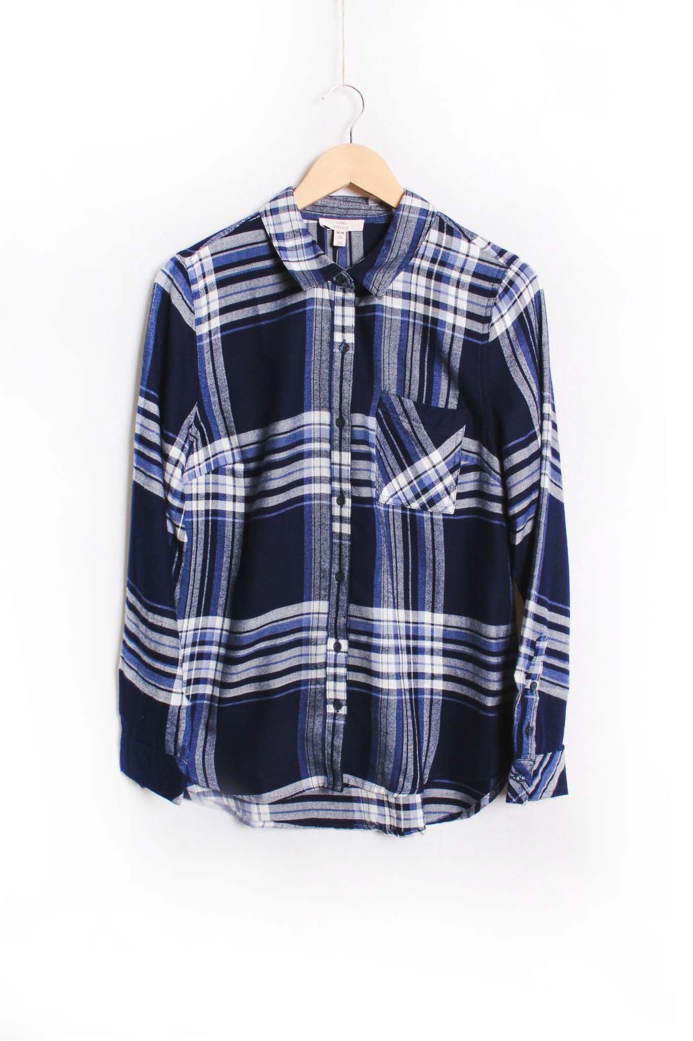 Navy Blue and White One Pocket Plaid Top