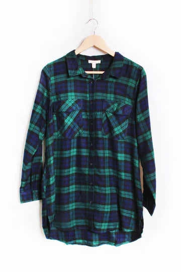 Blue and Green Two Pocket Plaid Top