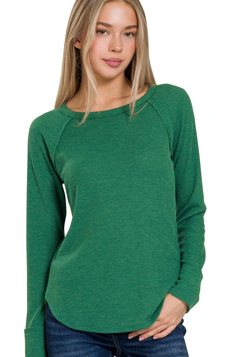 Green Waffle Long Sleeve Top