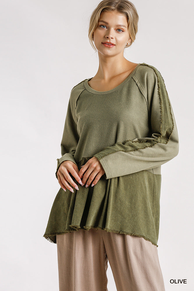 Olive French Terry Distressed Sweatshirt