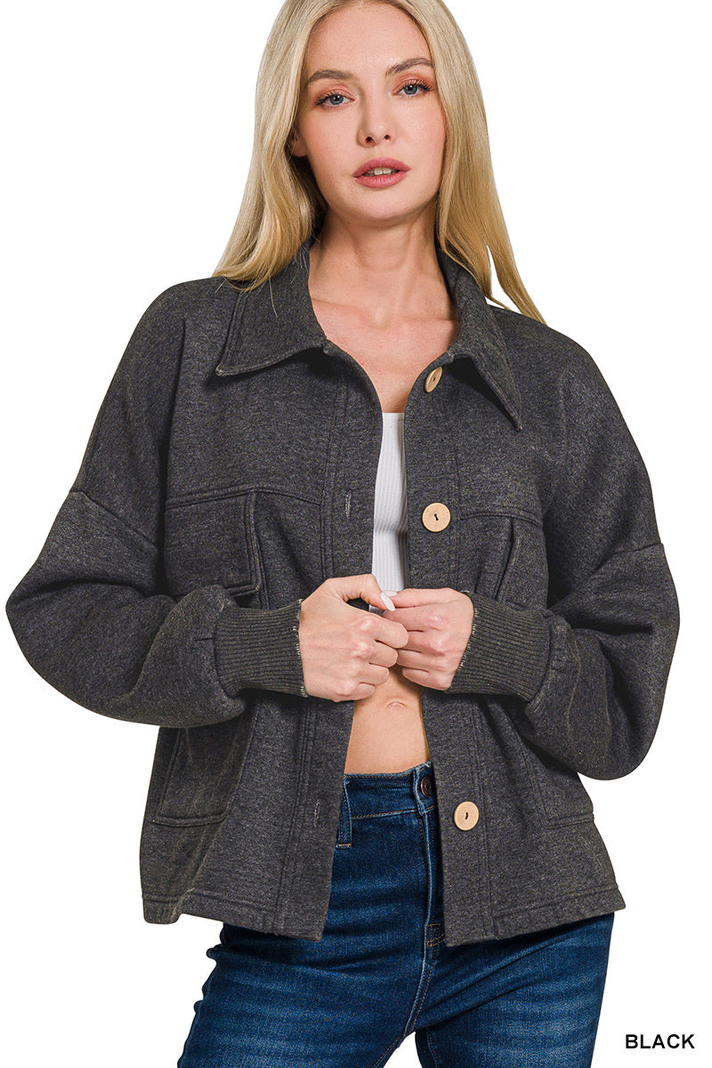 Black Acid Wash Fleece Front Pocket Cropped Shacket