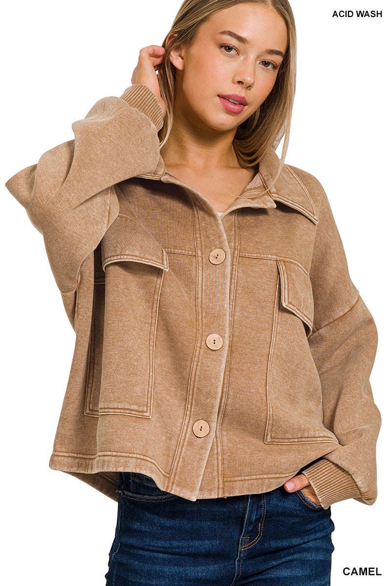 Deep Camel Fleece Pocket Cropped Shacket