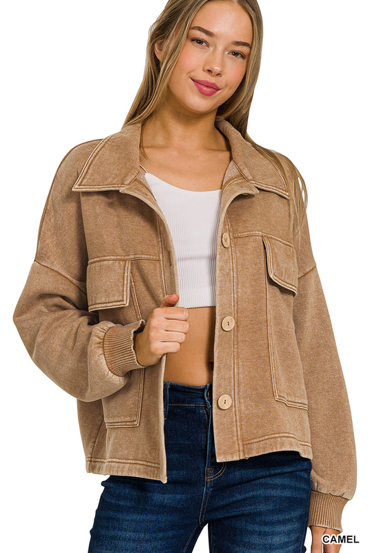 Deep Camel Fleece Pocket Cropped Shacket