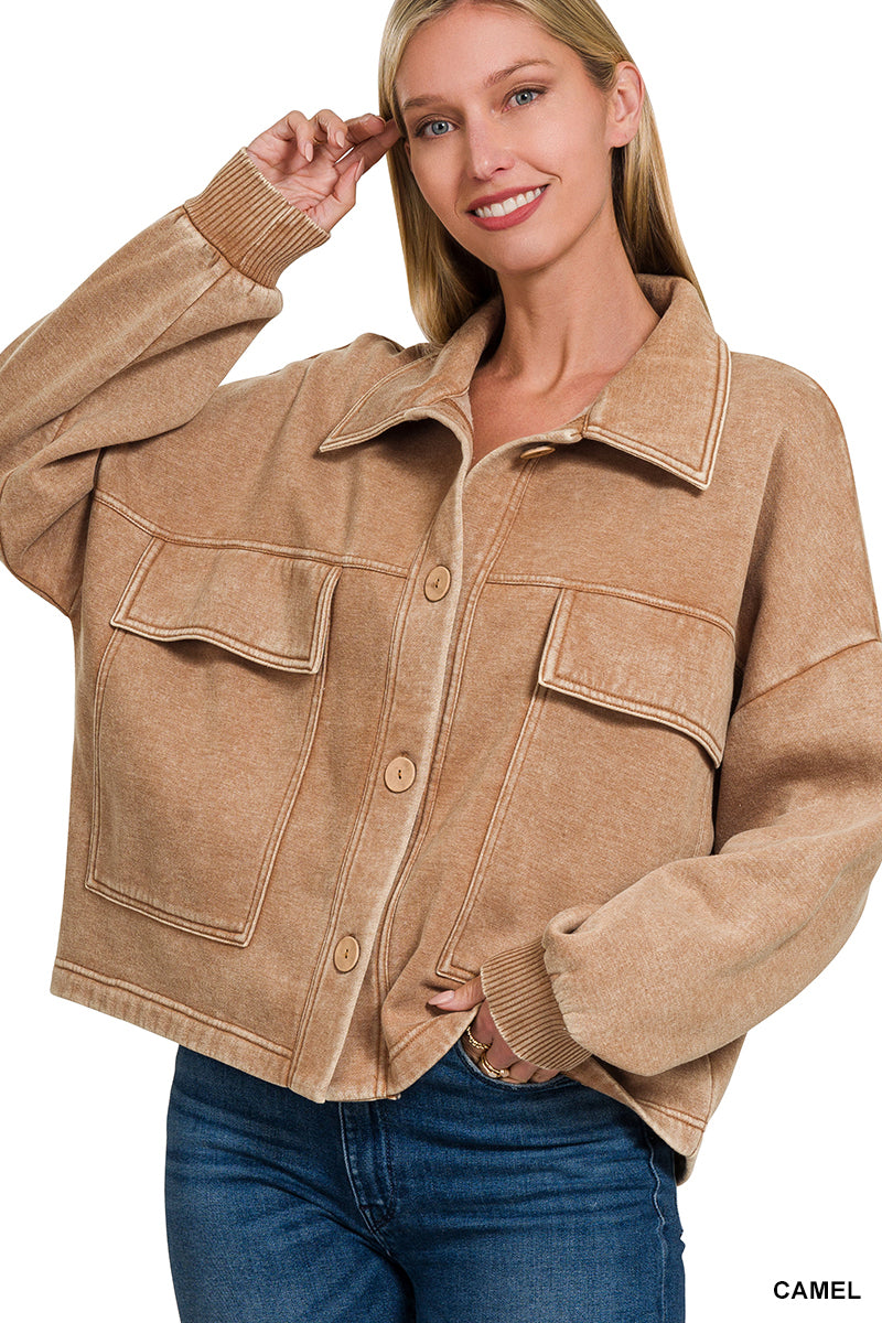 Deep Camel Fleece Pocket Cropped Shacket