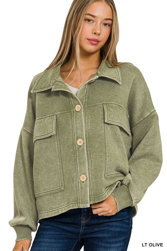 Olive Acid Wash Fleece Front Pocket Cropped Shacket