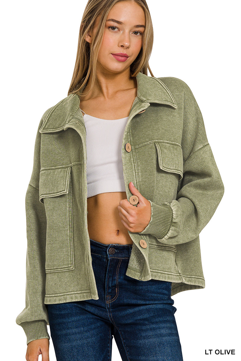 Olive Acid Wash Fleece Front Pocket Cropped Shacket