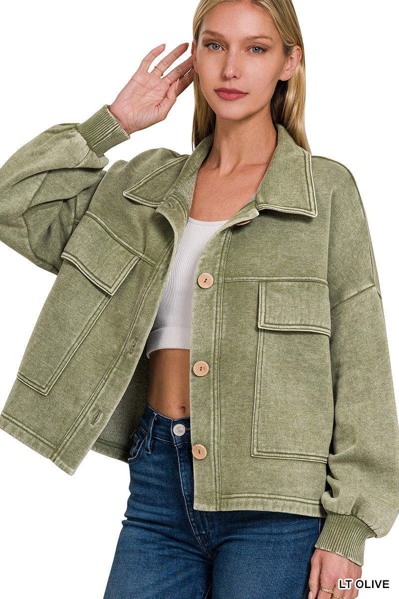 Olive Acid Wash Fleece Front Pocket Cropped Shacket