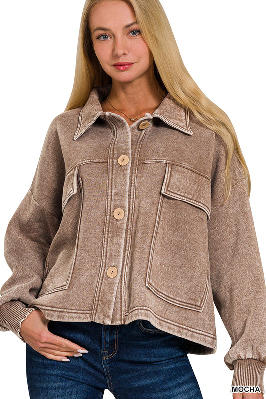 Mocha Acid Wash Fleece Front Pocket Cropped Shacket