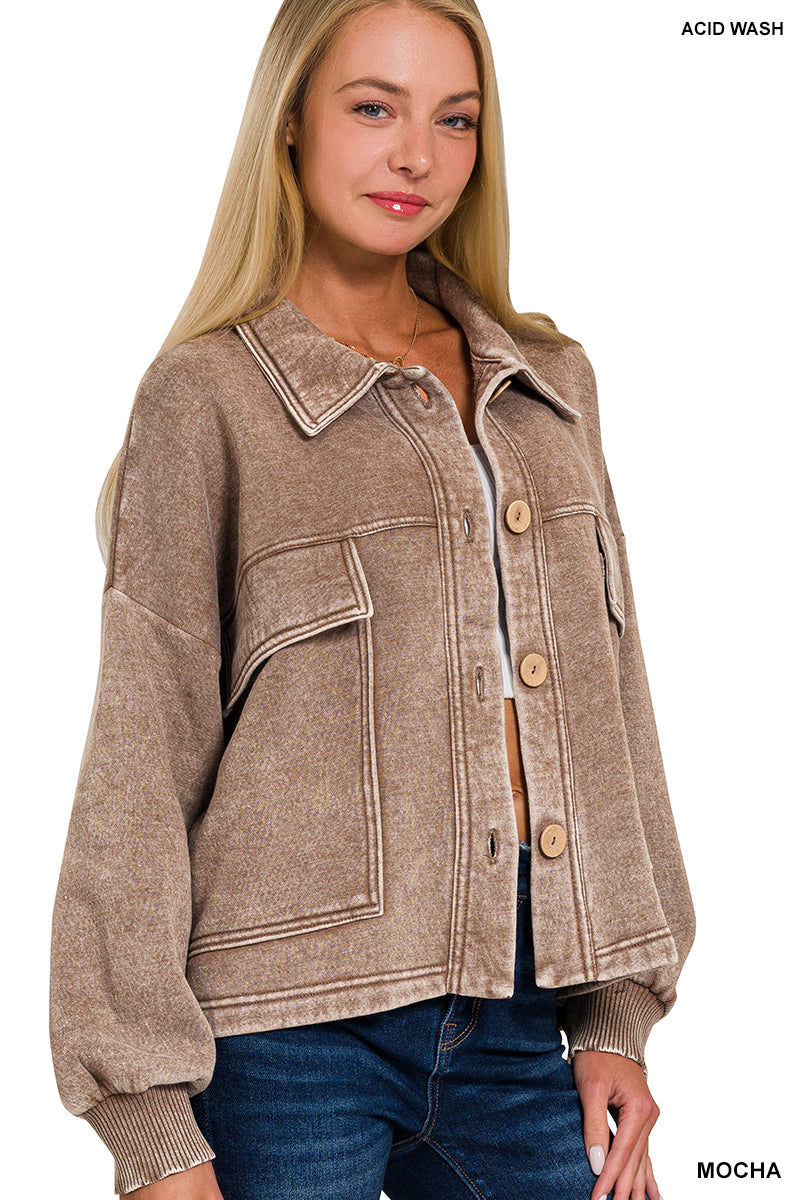 Mocha Acid Wash Fleece Front Pocket Cropped Shacket