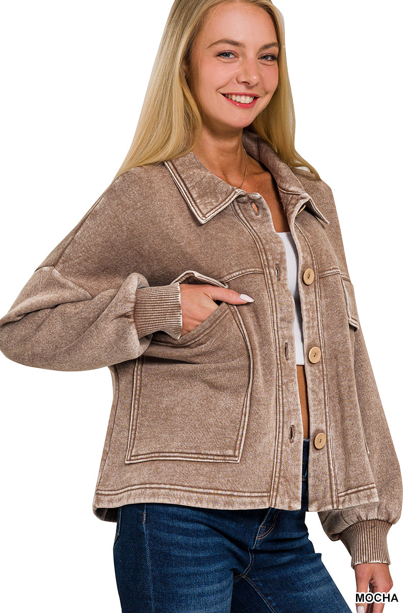 Mocha Acid Wash Fleece Front Pocket Cropped Shacket