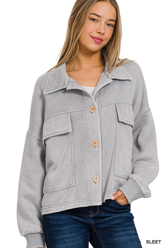 Sleet Acid Wash Fleece Front Pocket Cropped Shacket
