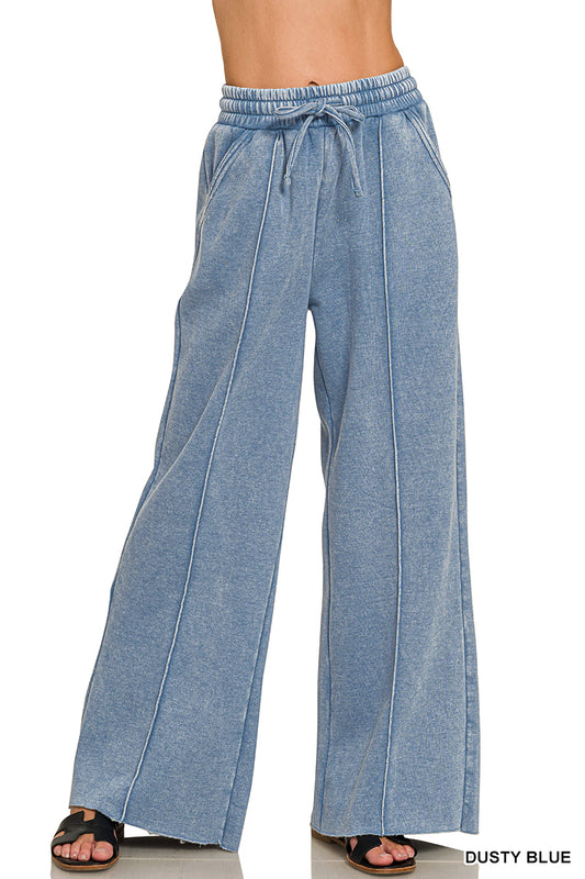 Dusty Blue Acid Washed Fleece Pintuck Wide Leg Pants