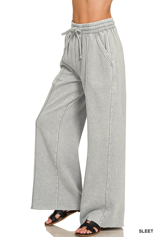 Sleet Acid Washed Fleece Pintuck Wide Leg Pants