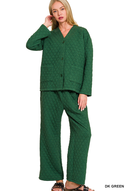 Dark Green Quilted Jacket and Pants Set