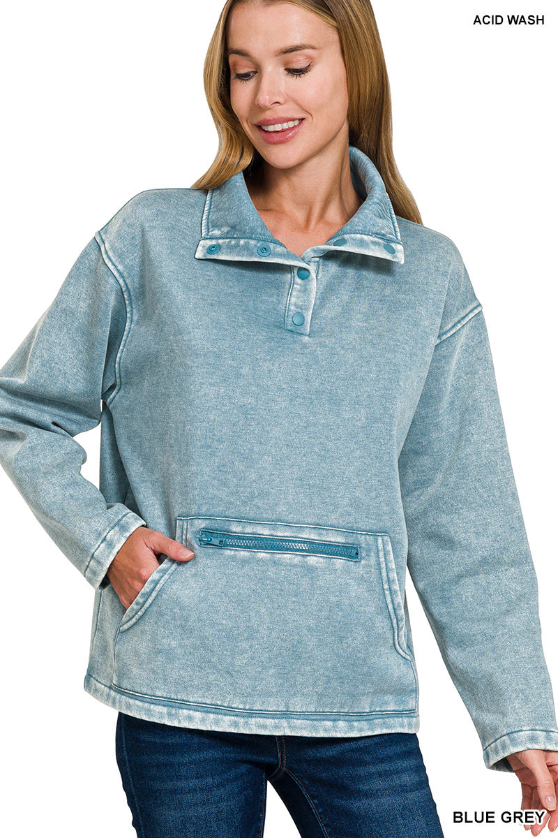 Fleece Washed High Neck Kangaroo Pocket Pullover - Blue Grey