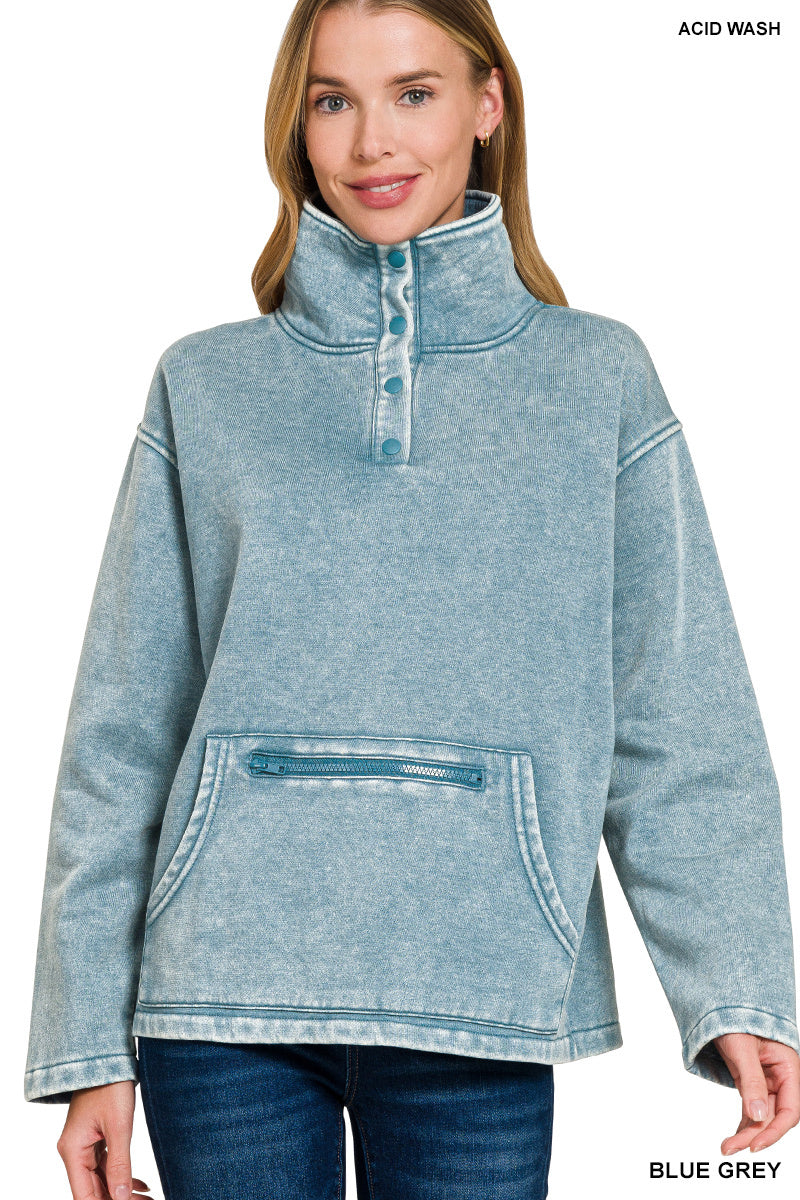 Fleece Washed High Neck Kangaroo Pocket Pullover - Blue Grey