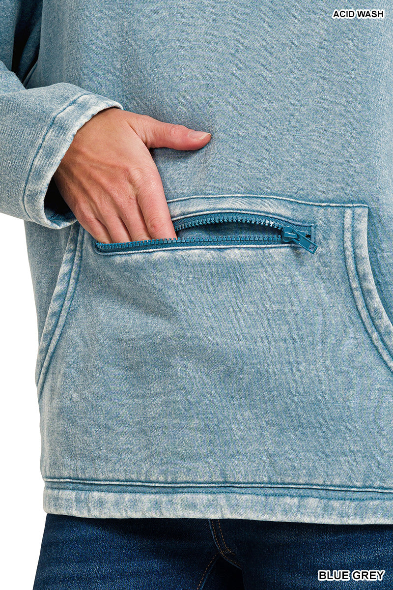 Fleece Washed High Neck Kangaroo Pocket Pullover - Blue Grey