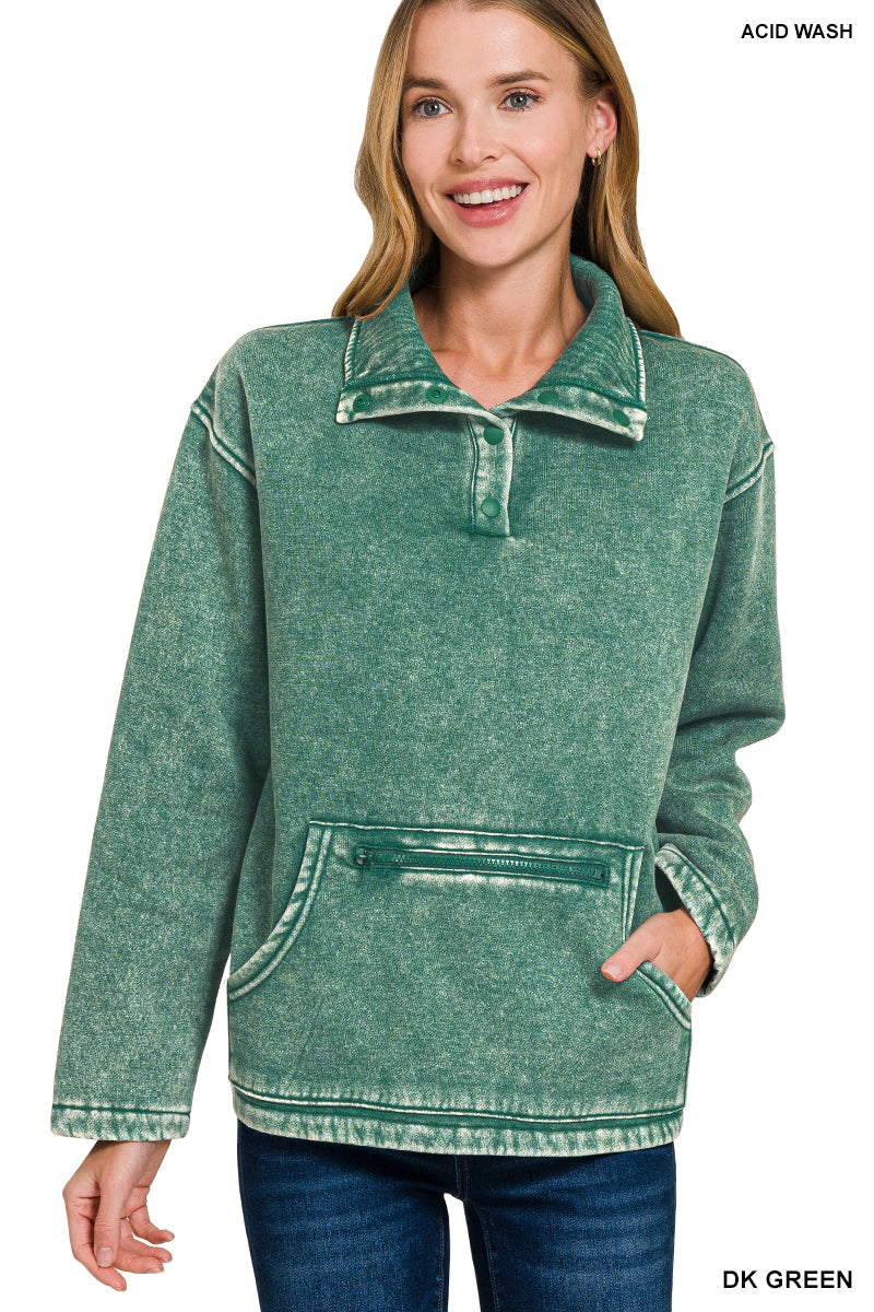 Fleece Washed High Neck Kangaroo Pocket Pullover - Dark Green