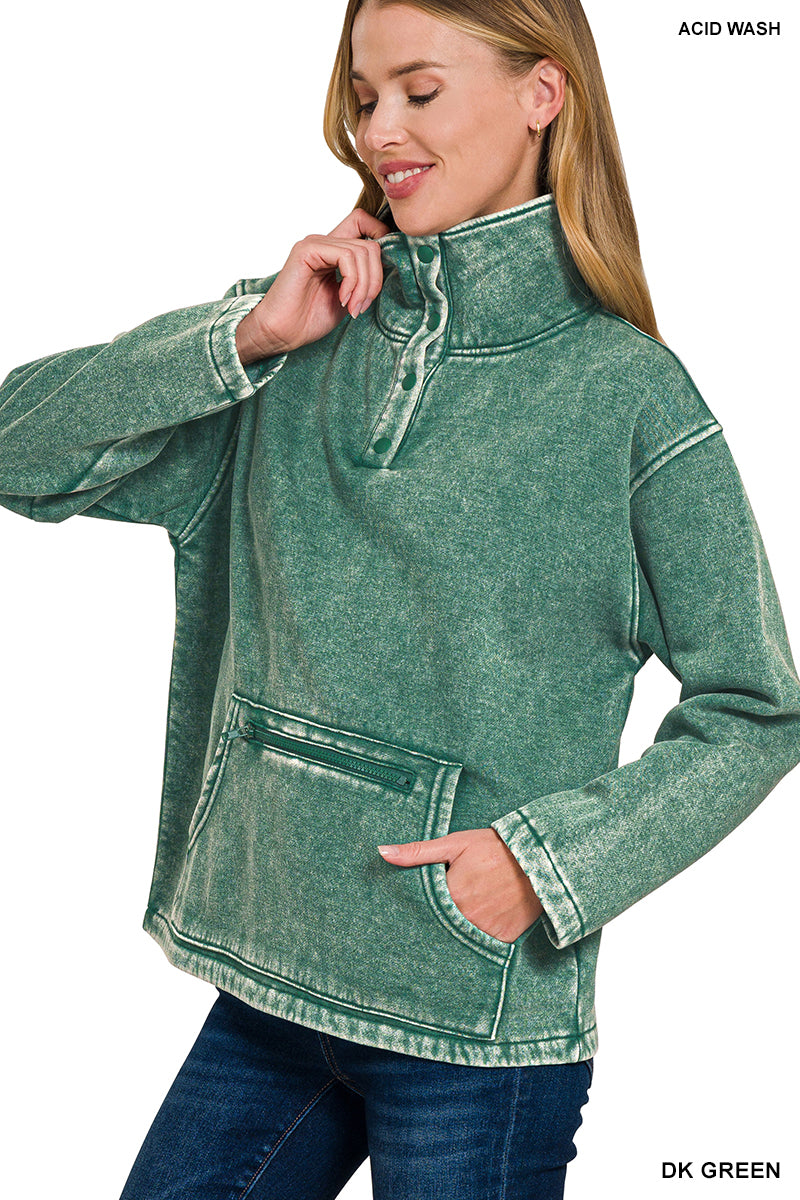 Fleece Washed High Neck Kangaroo Pocket Pullover - Dark Green
