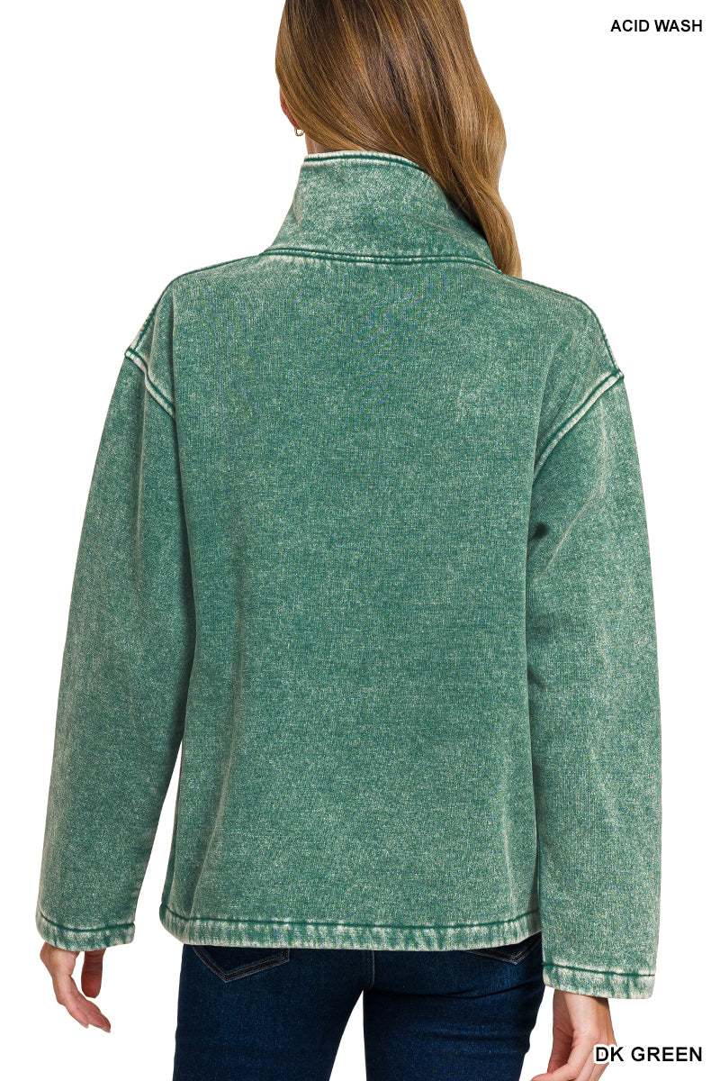 Fleece Washed High Neck Kangaroo Pocket Pullover - Dark Green
