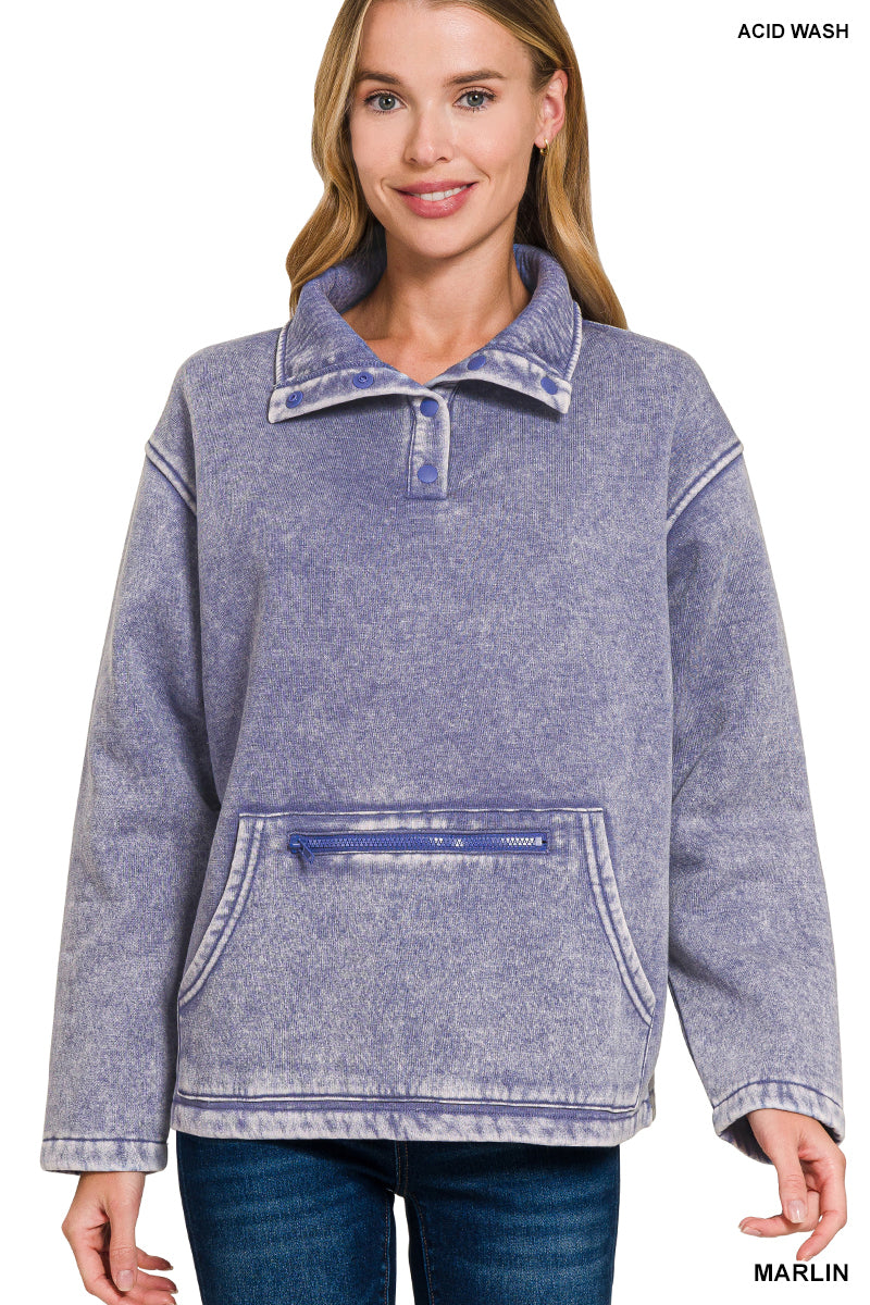 Fleece Washed High Neck Kangaroo Pocket Pullover - Marlin