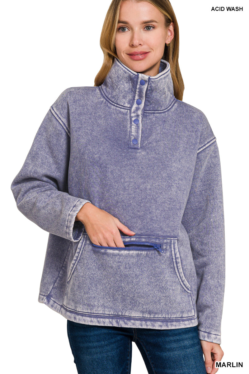 Fleece Washed High Neck Kangaroo Pocket Pullover - Marlin
