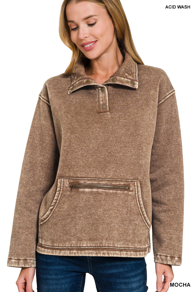 Fleece Washed High Neck Kangaroo Pocket Pullover - Mocha
