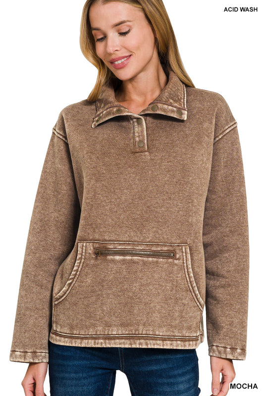 Fleece Washed High Neck Kangaroo Pocket Pullover - Mocha