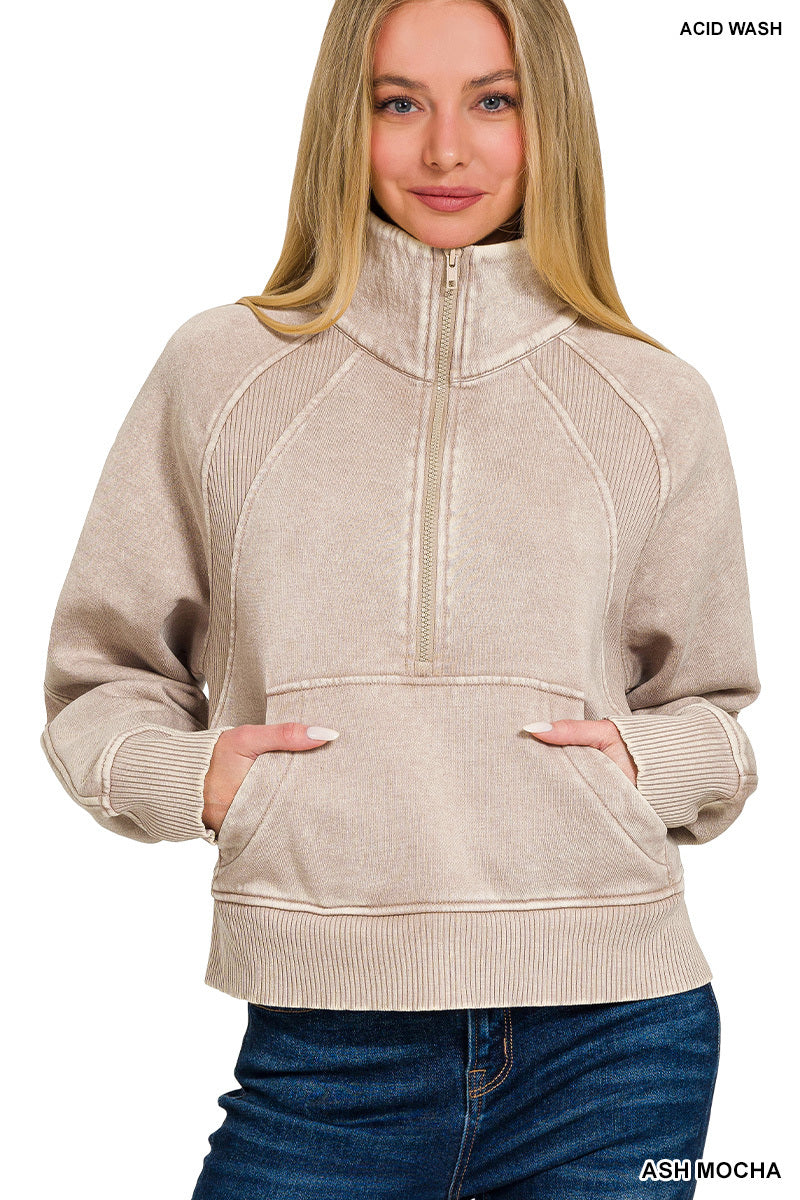 Ash Mocha Acid Washed Half Zip Sweatshirt